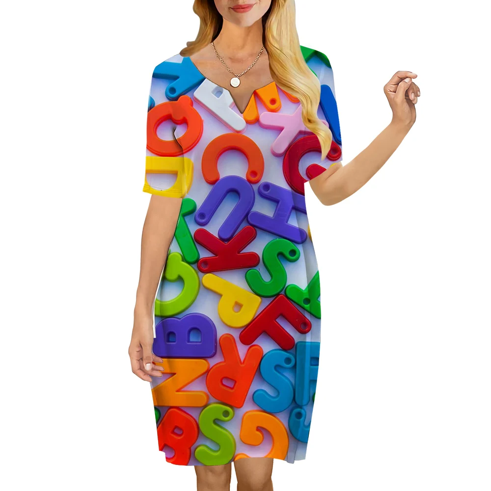 

CLOOCL Fashion Women Dress Colored Alphabet Model Printed Dress V-Neck Casual Short Sleeve Knee-length Dress Summer Clothing