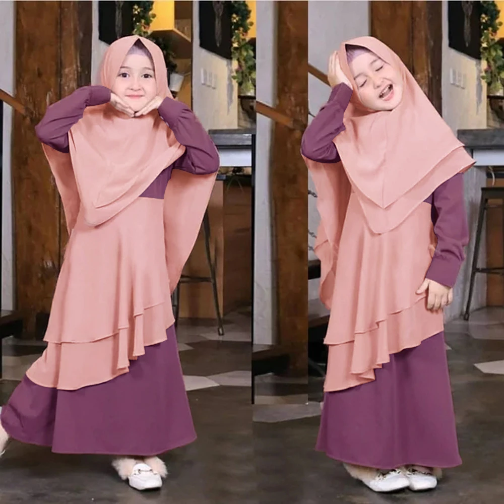 

2 Pieces Set Muslim Girls Hijab Abaya Kids Islam Prayer Dress Khimar Burqa Outfits Ramadan Eid Arab Robe Turkey Headscarf Kaftan