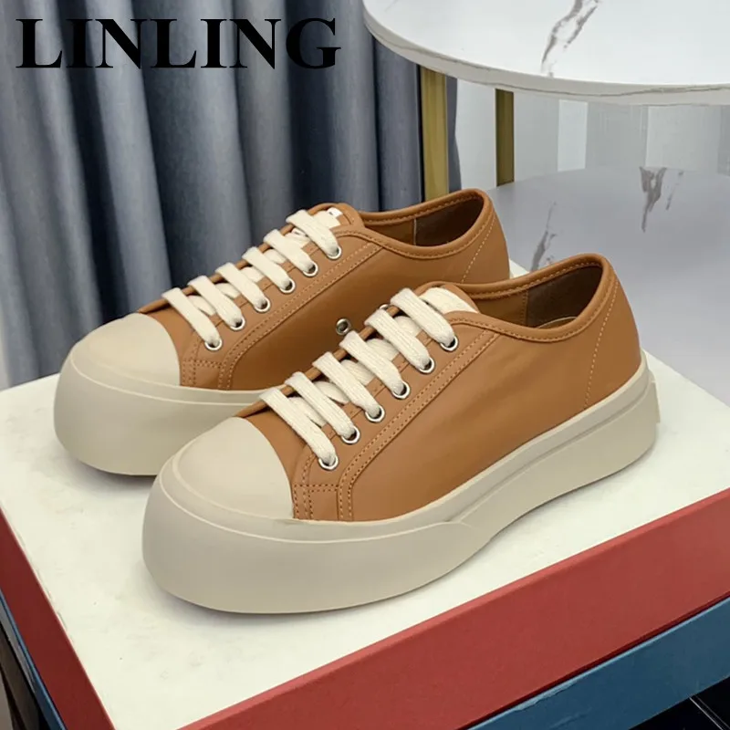 

Thick Sole Platform Lace Up Casual Shoes Women Leather Round Toe Sneakers Running Vulcanized Shoes Designer Sports Shoes Women