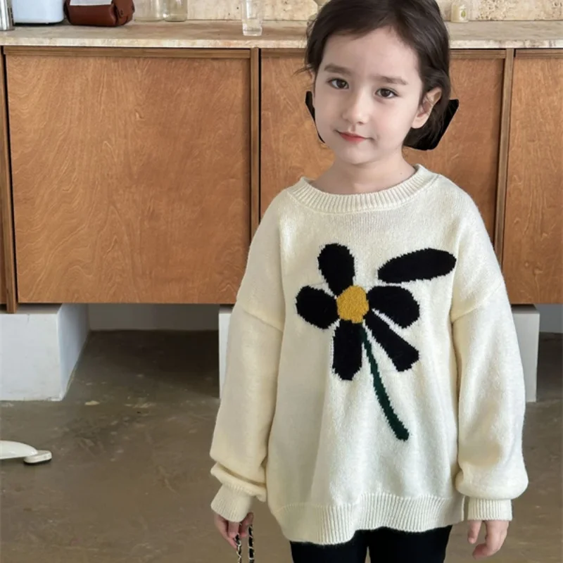 

Girls Sweater Wool Coat Kids Tops Knitting 2024 Flowers Thicken Warm Winter Autumn School Pullover Christmas Gift Children's Clo