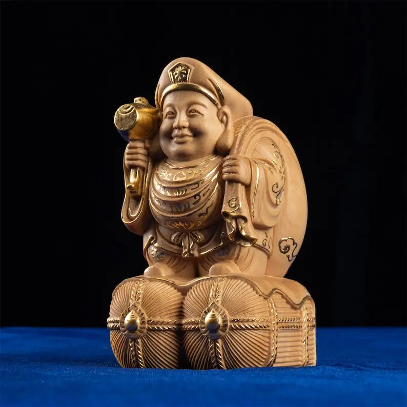 Black Gilded Daikokuten Statue Figurine Japanese Seven Lucky Gods