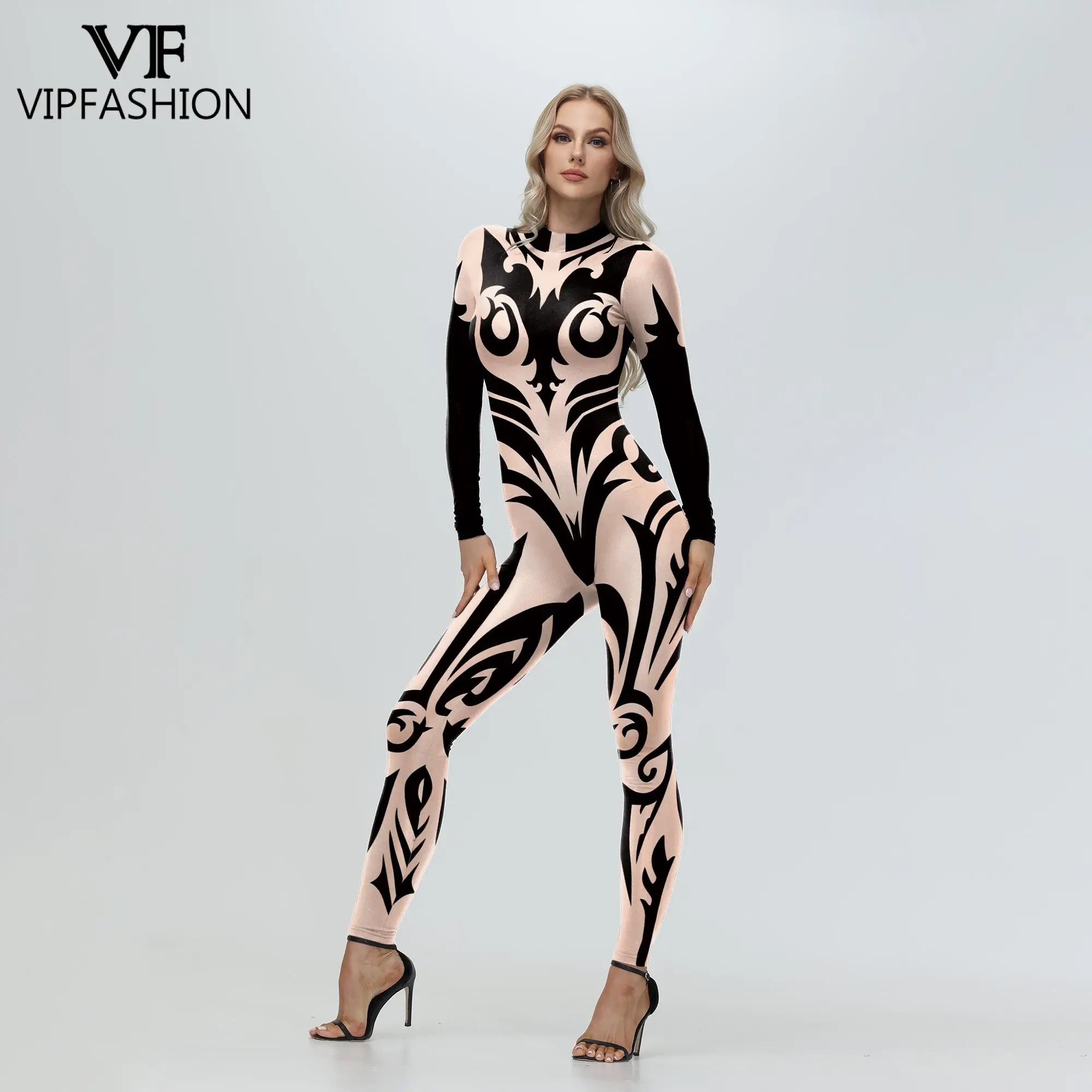 VIP FASHION Skin Color Rhinestone Print Jumpsuit for Women Elegant Zentai Bodysuits Lady Festival Catsuit Cosplay Party Costume cosplay costume adult unitard