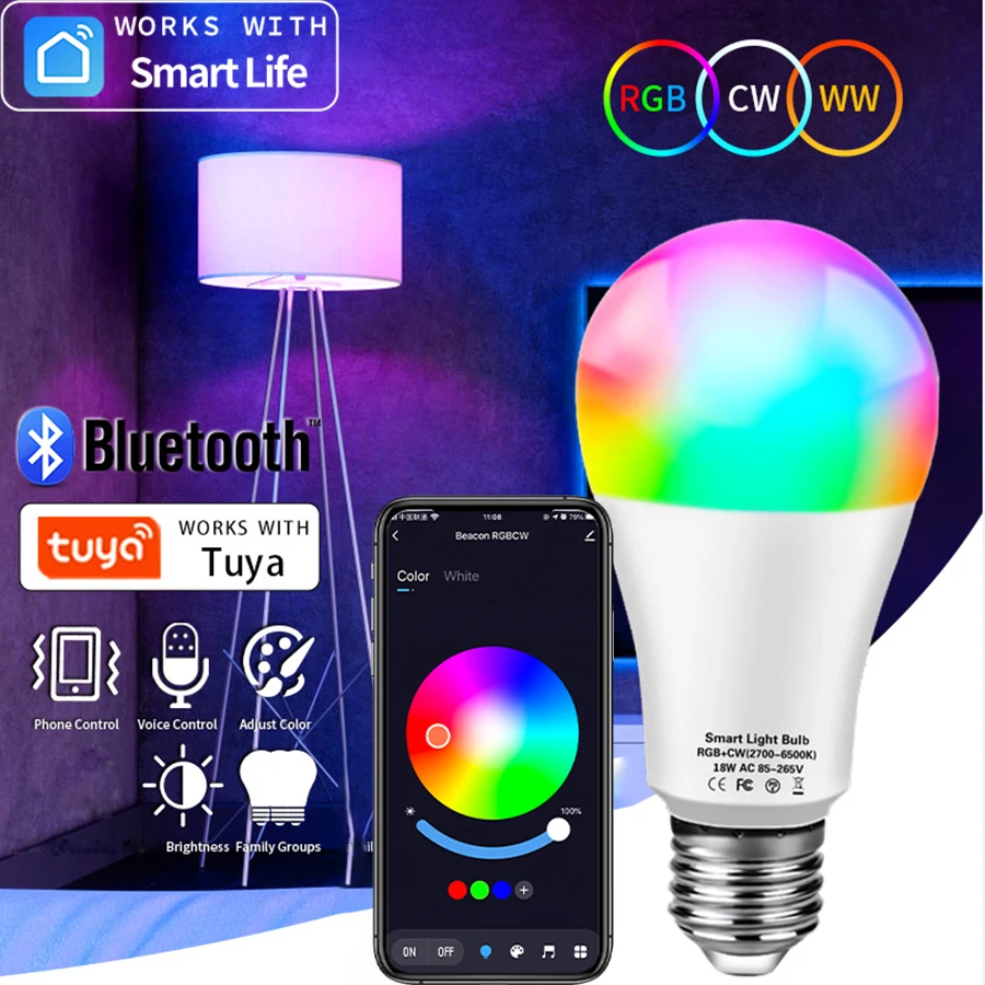 

15 Вт Светодиодная лампа E27 RGB Bluetooth Умная лампочка 110 В 220 В Беспроводная связь Tuya Smart Magic Colors Управление музыкой для домашнего бара отеля