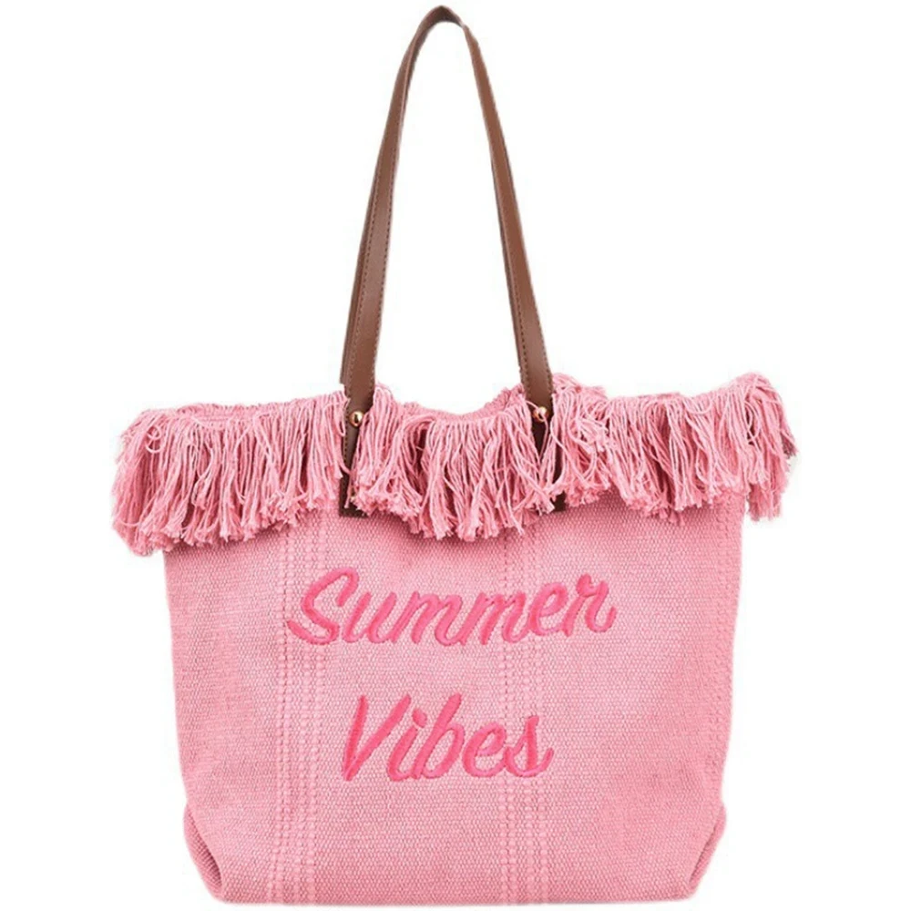 Fashion Canvas Tote Bag with Tassel Summer Vibes Handbags Large Capacity Beach Bag Casual Simple Shopping Shoulder Bag