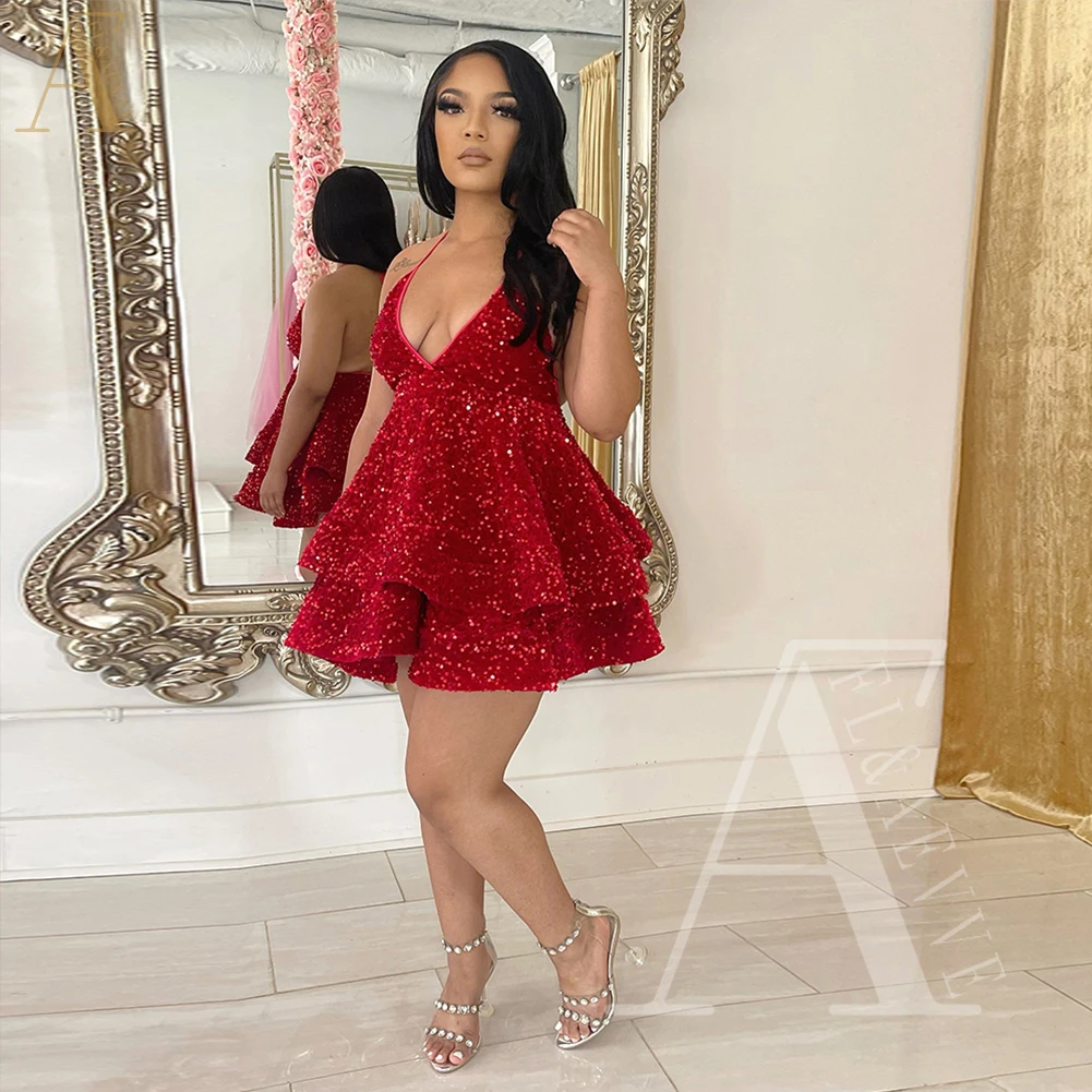 

Burgundy Sequin Prom Dress for Women Deep V-neck Ball Gowns Short Custom Occasion Dresses for Women Party Wedding Evening Robe