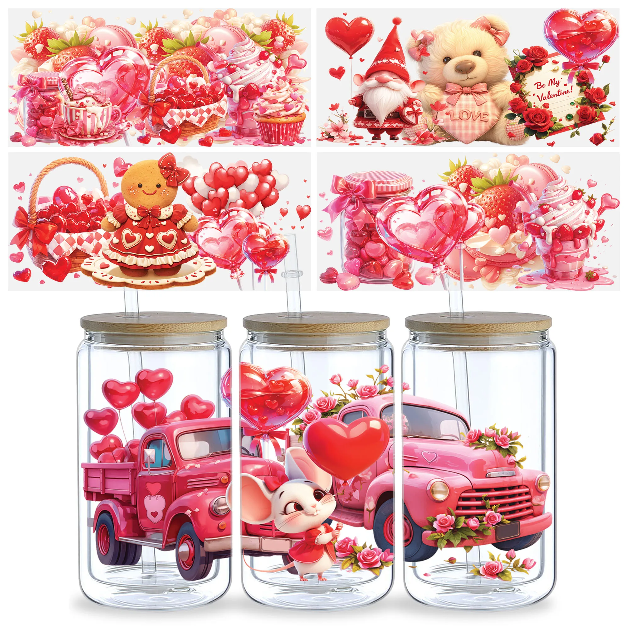 5 Sheets Valentine's Day Candy UV DTF Cup Stickers Waterproof Delicious Candy Wipeable Transfer Paper for 16 Ounces Glass Cups