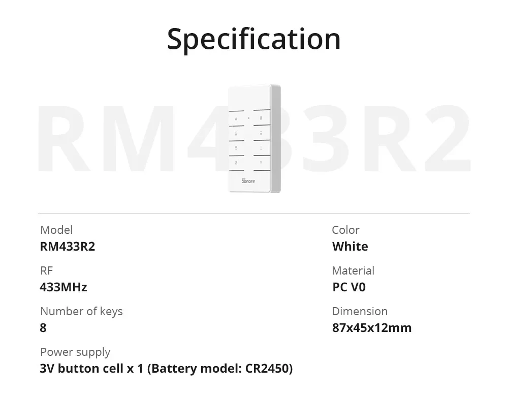 RM433 R2 433MHz RF Remote Controller 8 Button Remote Control Paired With TX Wal