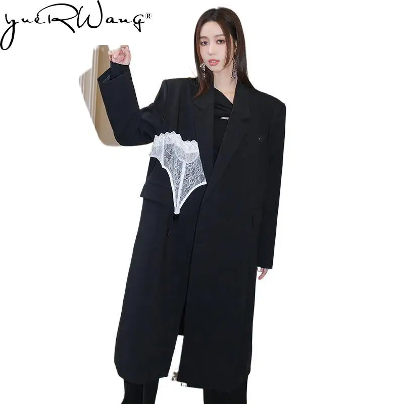 

yuerwang Women Blazer 2023 Autumn Lace Stitched Full Sleeve Ladies Black Blazer Coat Fashion Loose Long Women's Suit Jacket New