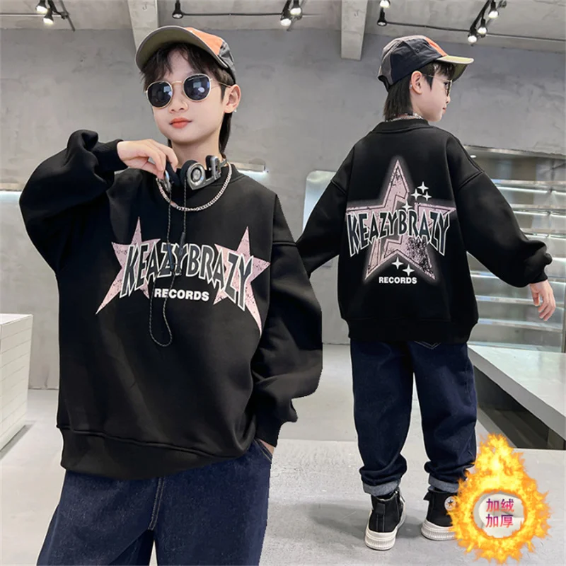 

Boys Fashion Thicken Sweatshirt Children Letter Prints Tracksuit 2023 New Winter Clothes Teenager Hoodless Trends Pullovers