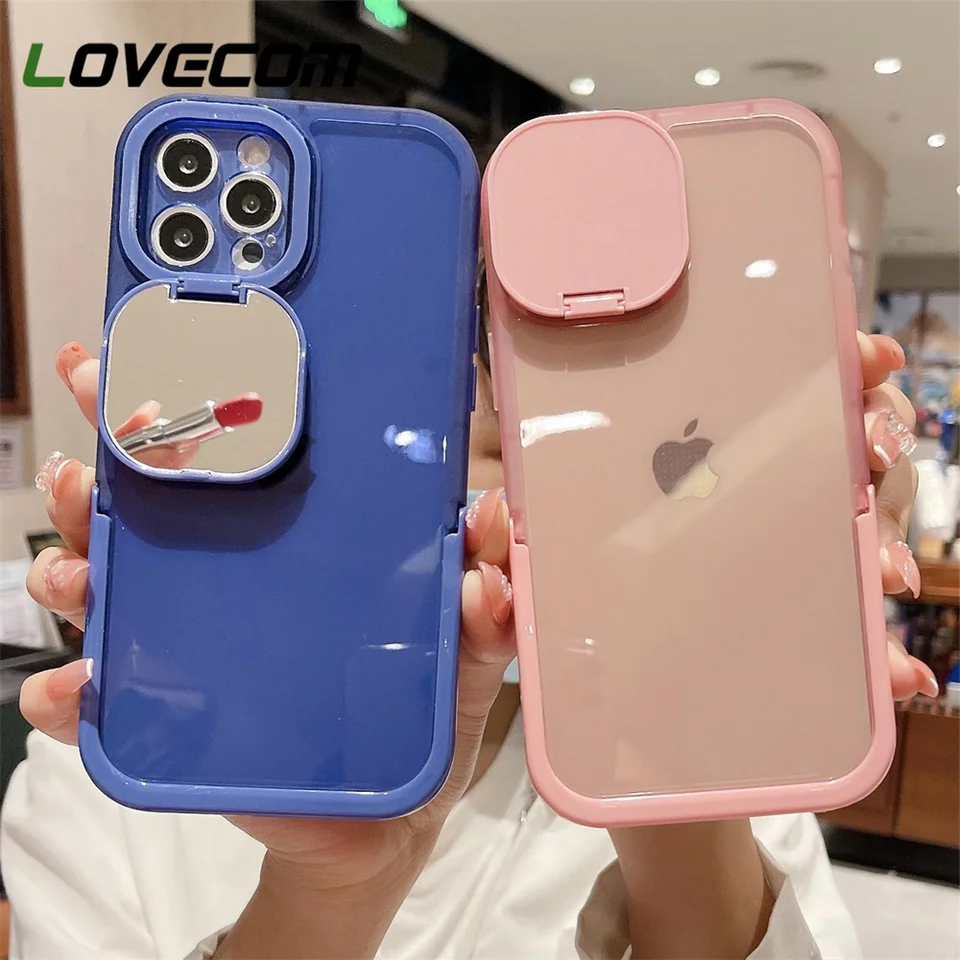 Luxury Mirror Stand Holder Phone Case For iPhone 14 13 12 11 Pro Max X XR  XS 7 8 Plus Candy Color Lens Protection Acrylic Cover - AliExpress