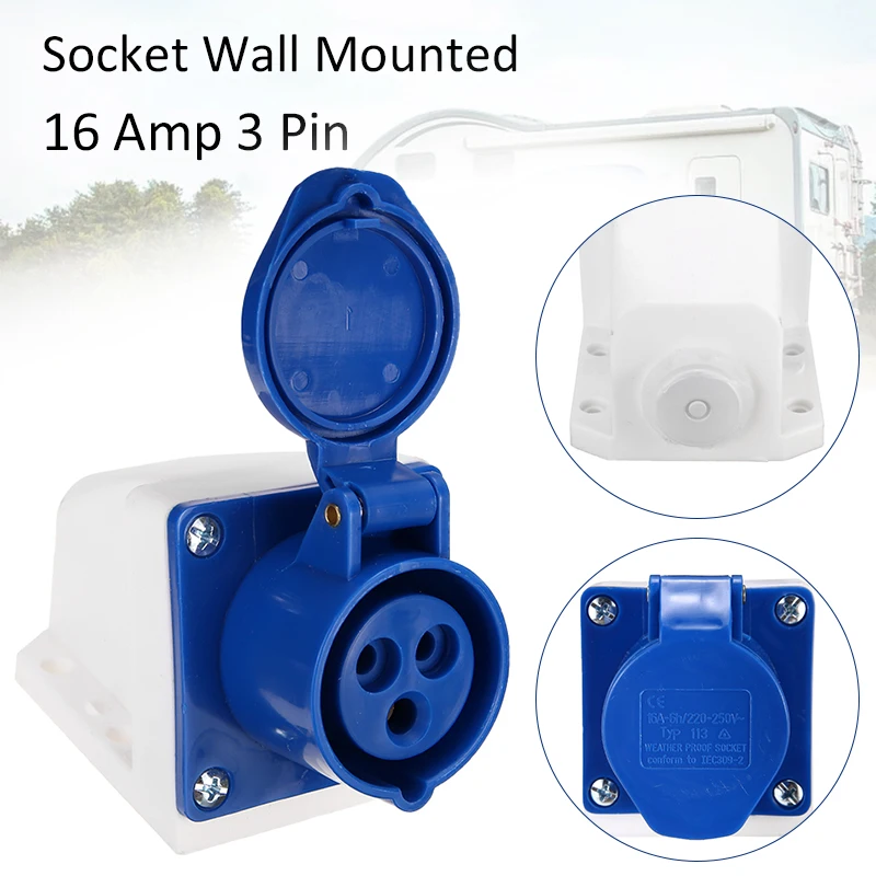 16 amp 3 pin plug & wall mount socket Splashproof IP44 240V 16A 2P+E caravan 