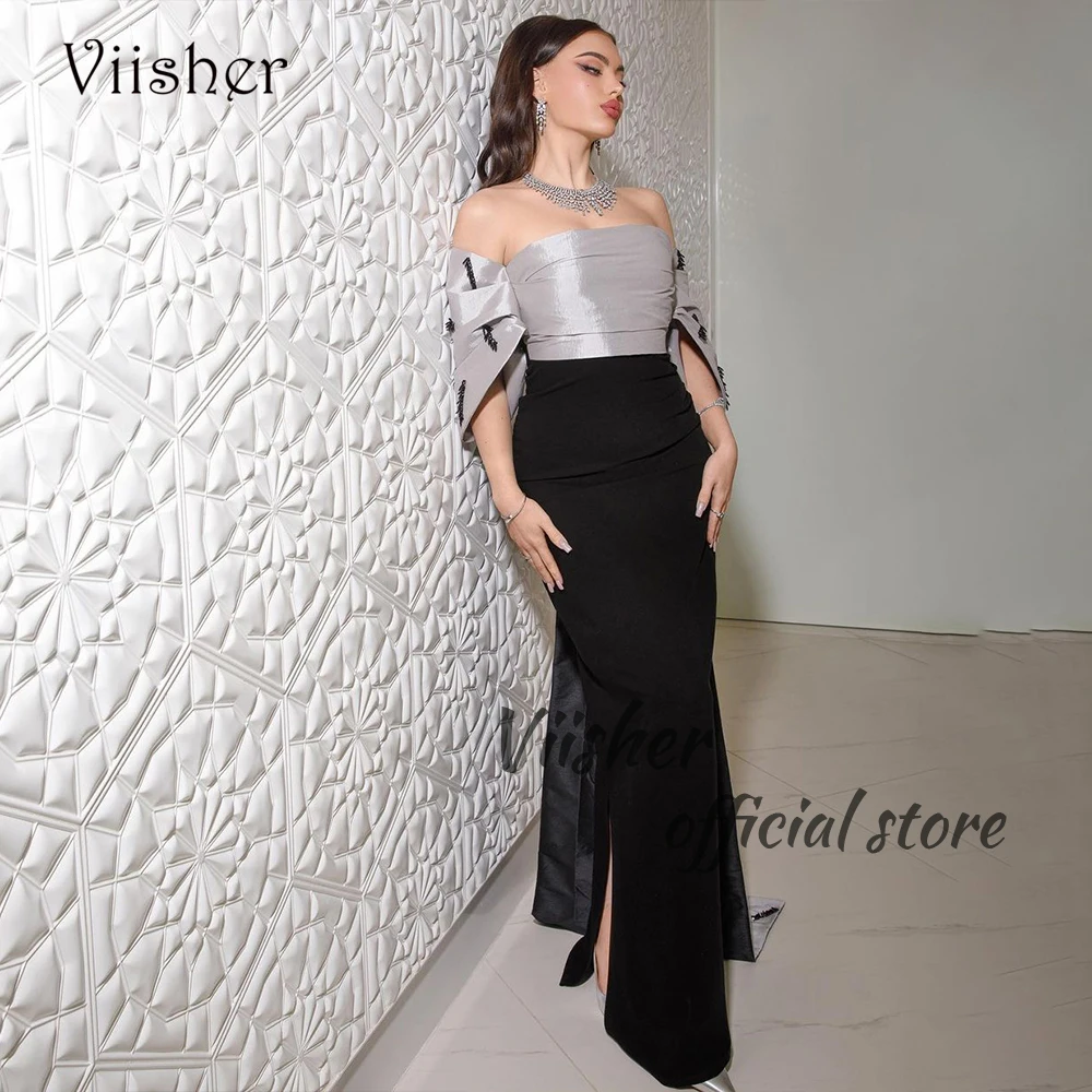 

Black Gray Mermaid Evening Dresses Off Shoulder Prom Dress with Slit Floor Length Arabic Dubai Formal Occasion Gowns