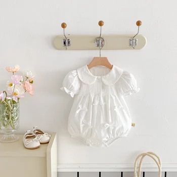 Summer baby girl short-sleeved lapel triangular one-piece dress with a bow cute climbing suit 1