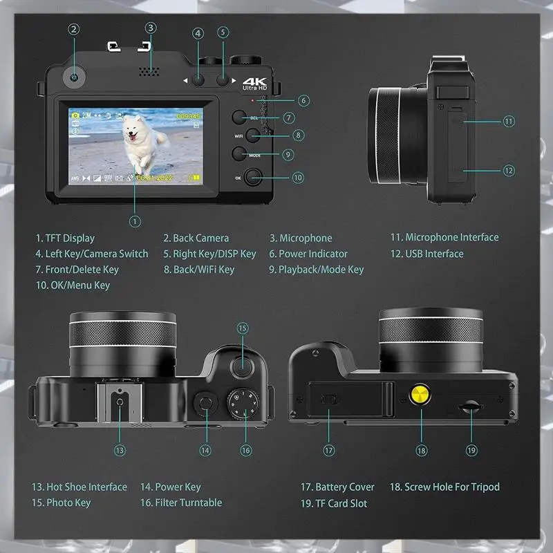 3In 4K Vlog Camera HD Digital Camera For Photography, Dual Cam Front And Rear With Autofocus Face Detect