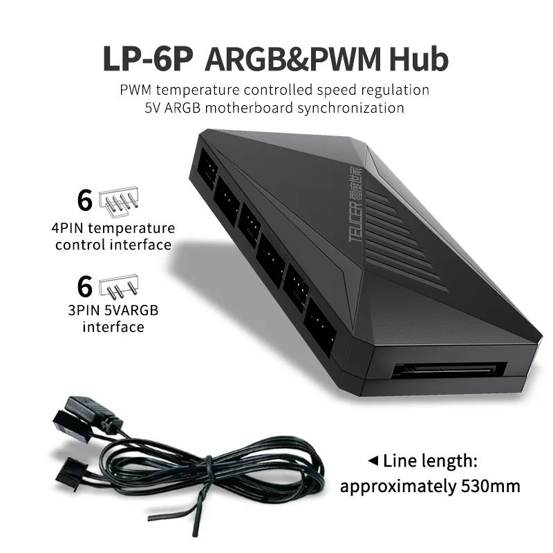 Teucer Lp6p pc Ventilador de Refrigeração Pwm Argb Hub a 5v 3pin 12v 4pin Multi Way Splitter Aura Ventilador Cooler Cabo Adaptador de Extensão - Imagem 2
