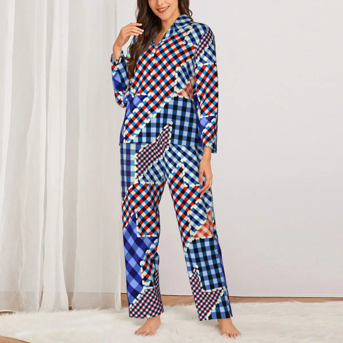 

Пижама женская с принтом «гусиные лапки», одежда для сна для отдыха, клетчатая пижама в стиле пэчворк, комплект из 2 предметов, теплый домашний костюм большого размера с длинным рукавом
