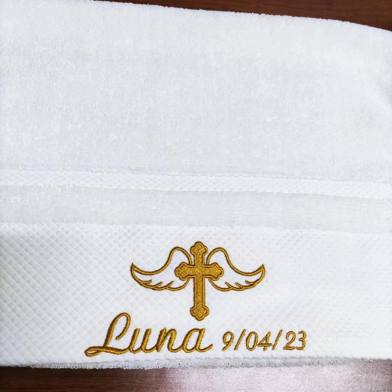 Embroidery Customized Angel cross Name and Date Baptism Towel Face Towel Bath Towels for Baby Christening Soft for Bathing 2