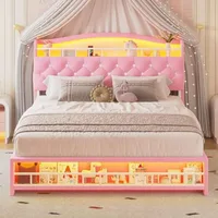 Full Bed Frame with LED Lights, Princess Velvet Upholstered Platform Bed for Girls, Headboard with Charging Station 1