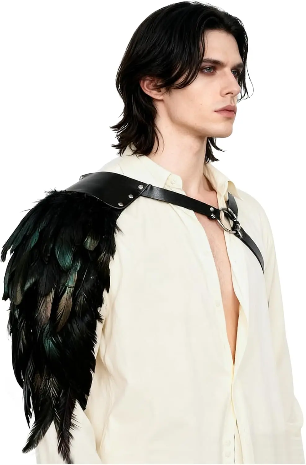 Men's Gothic Feather Shoulder Armor Leather Harness Medieval Cosplay Costume