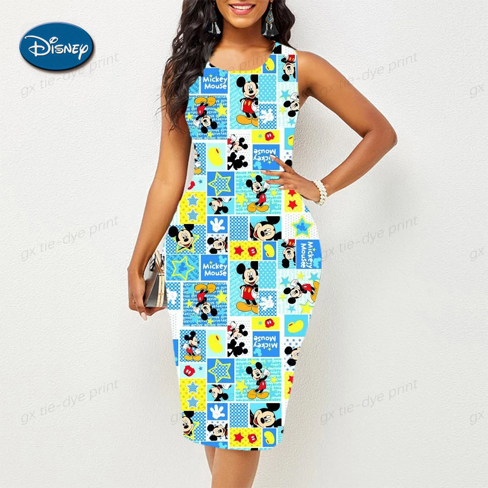 

2023 Summer New Disney Brand Mickey and Minnie Anime Print Street Women's Round Neck Sexy Slip Dress Beach Party Dress