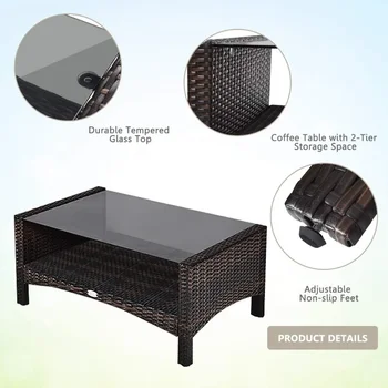 Patio Furniture Set 4-Piece Outdoor Rattan Wicker Sofa Set with Cushions & Coffee Table with Tempered Glass Table Top 4