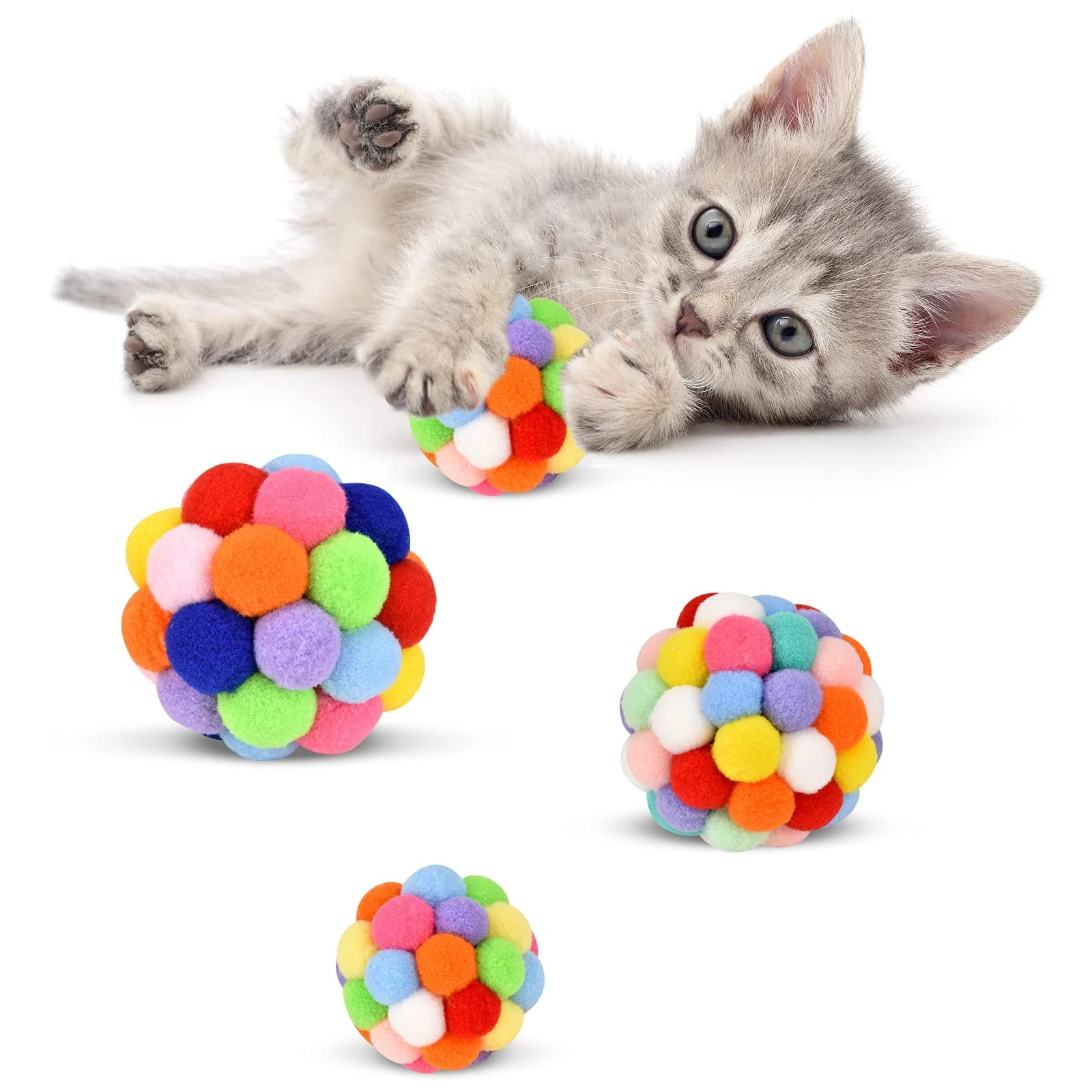 Cat Toy Balls with Bell Colorful Soft Fuzzy Balls Built in Bell for Cats, Chewing Toys