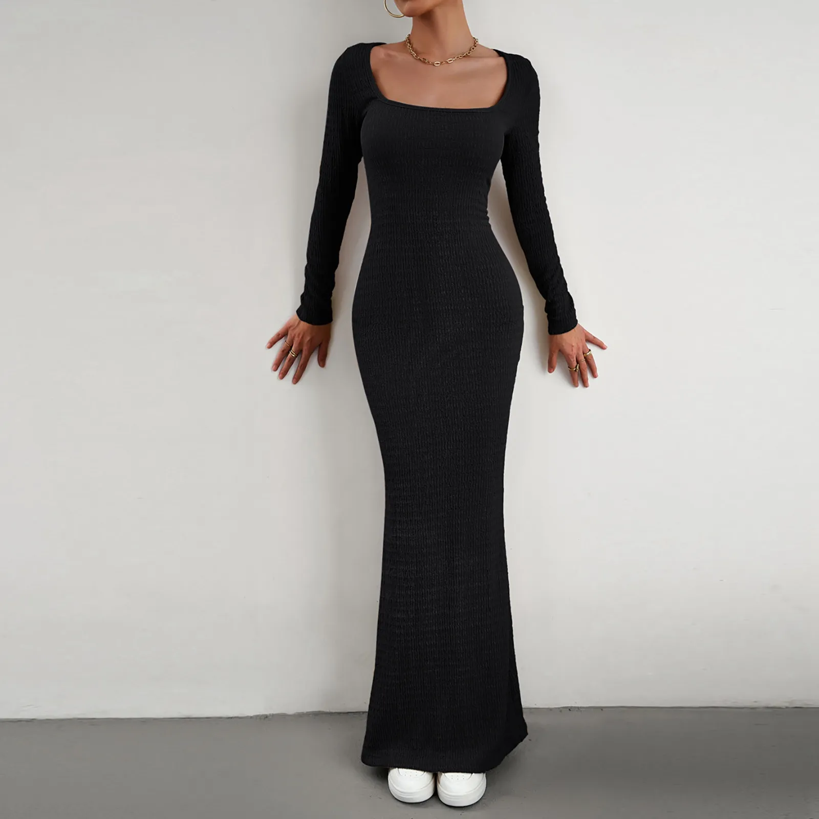 

Соблазнительное черное облегающее платье макси, женские облегающие платья с длинным рукавом и квадратным вырезом, соблазнительное облегающее длинное платье-Русалка на весну и осень