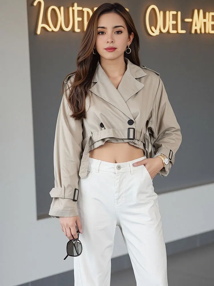 HH Women Fashion Trench Outwear With Belt Vintage Solid Notched Neck Long Sleeve Jacket Spring Lady Streetwear Chic Coat