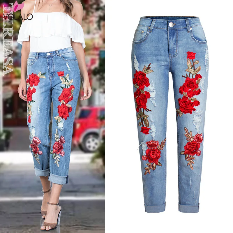 

2024 Ladies High Waist Mom Female Floral Jeans For Women Trousers Denim Pencil Pants Ripped Jeans Woman Straight Mujer Femme