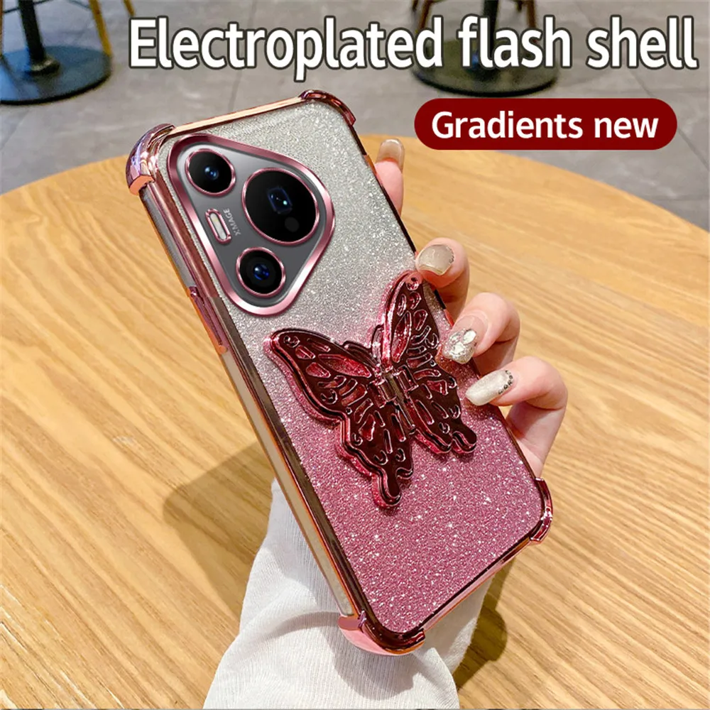 Shockproof Glitter Butterfly Stand Phone Case with Plating Cover