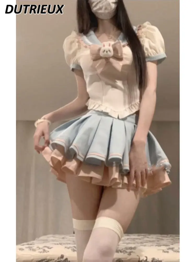 Sweet Lotus Leaf Bow Sailor Collar Short Sleeve Shirt High Waist Bubble Short Skirt JK Uniform Suit Women's Summer Two-Piece Set