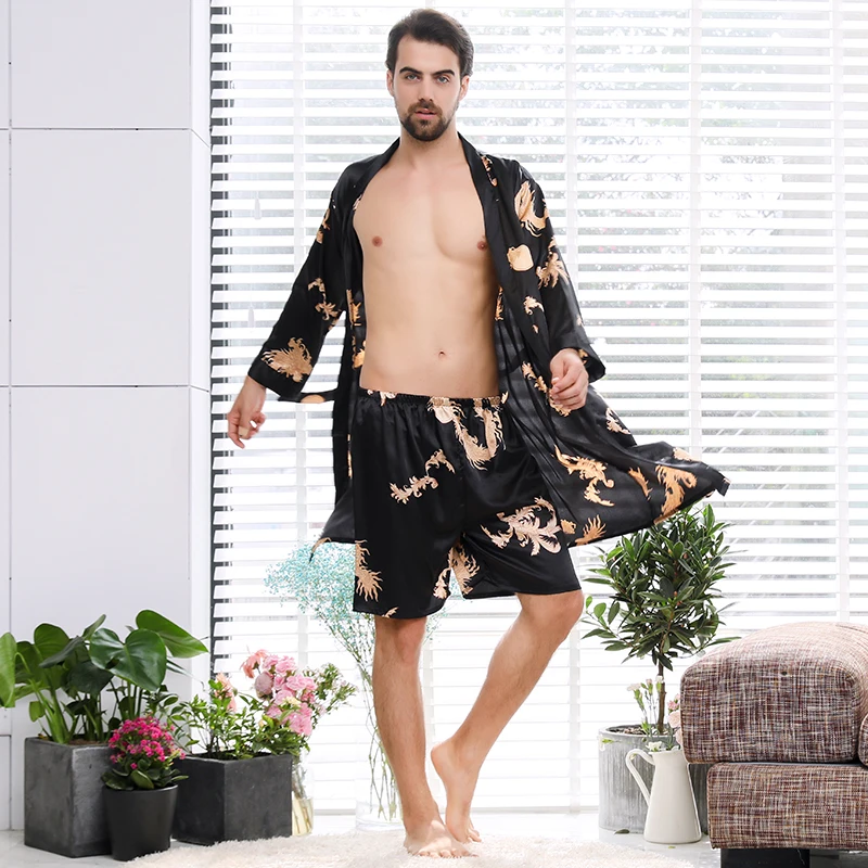 mens loungewear sets High-End Soft And Comfortable Men Nightgown Silk Pajamas 2 Piece Suit Shorts Men's Bathrobe pajama pants