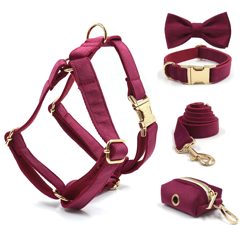 Burgundy Velvet Dog Collar Personalized Thicken Metal Buckle Pet Harness Bow Tie Collar Leash Set with Poop Bag Luxury Dog Gift Dog Collar Pet Harness Leash Set Pet Harness Set Pet Leash Set