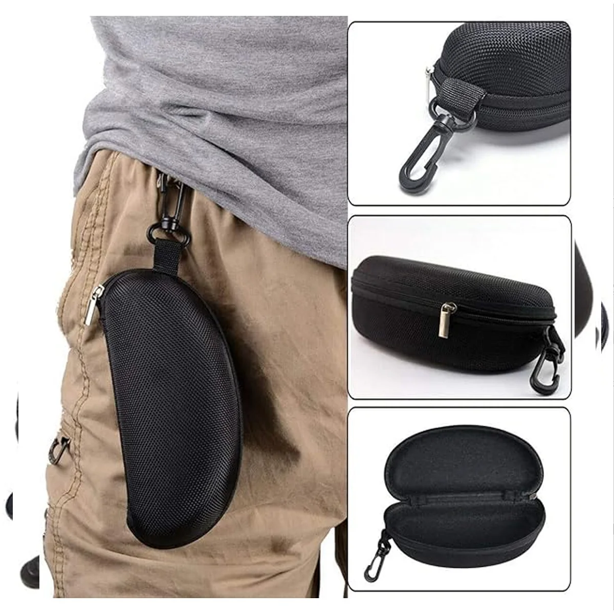 Sleek Black Hard Shell Polyester Glasses Case with Zipper and Hook – Unisex Fashion Accessory