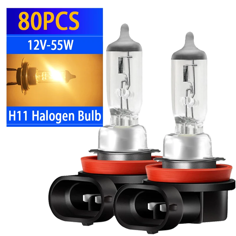 

80PCS H8 H11 55W Headlight Bulb Auto Halogen Lamps Front Fog Lights Warm White Light Source Car Styling Parking High Power DC12V