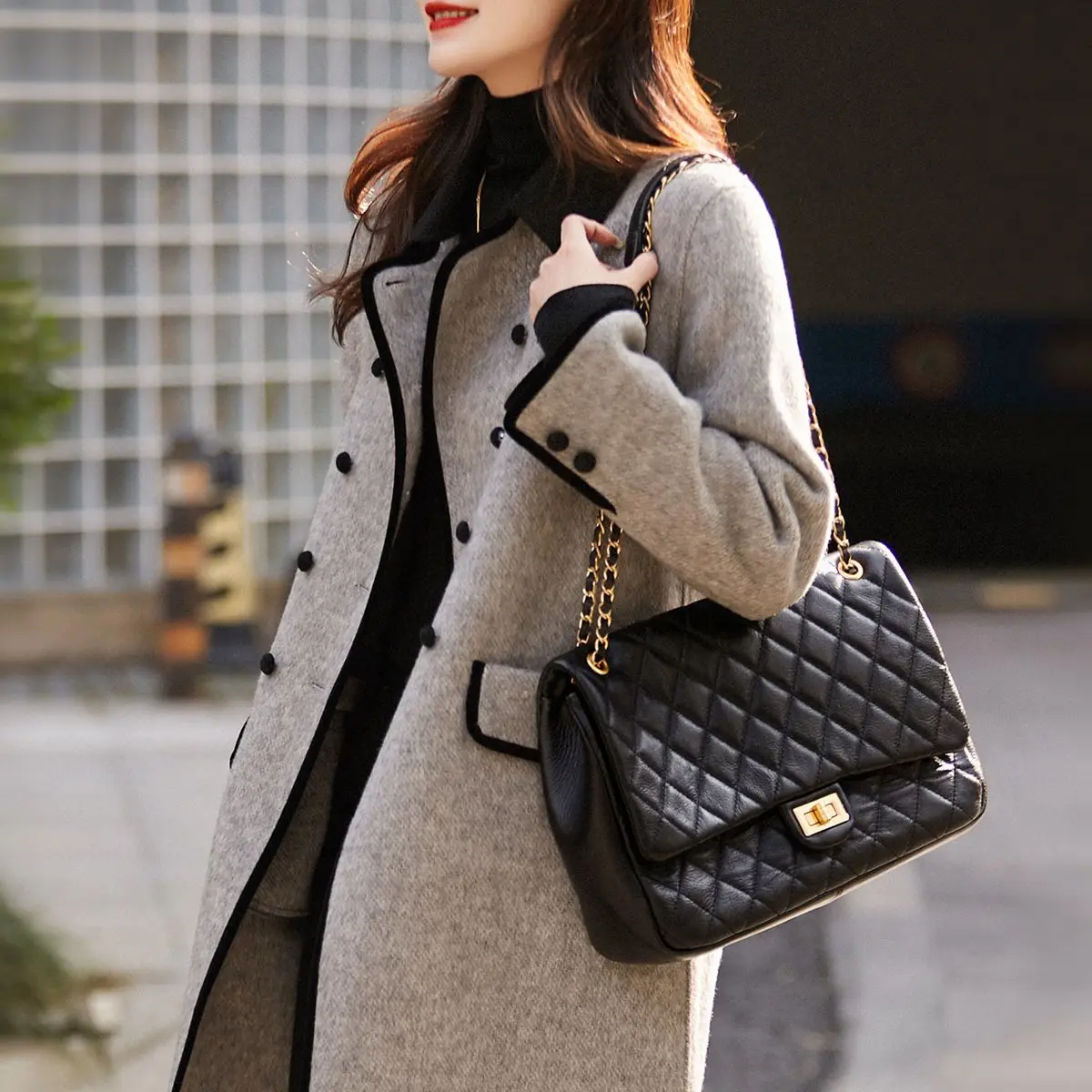 Main Mu Autumn Winter New Fashion Korean Edition Slim Casual Versatile Temperament Contrasting Color Small Collar Woolen Trench
