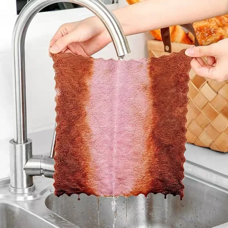 Double-layer Microfiber Towel Super Absorbent Coral Fleece Cleaning Cloths Kitchen Non-stick Oil Dishcloths Scouring Rag 12/1pcs