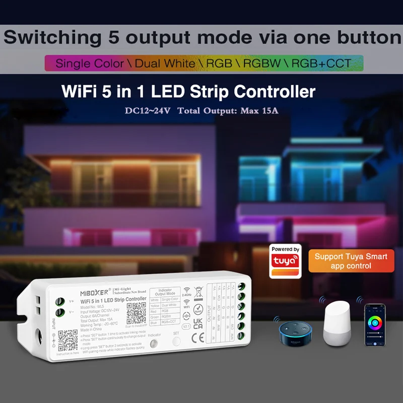 New 5 in 1 LED Strip Controller Tuya APP DMX512 2.4G WiFi RF Wireless Control For 12-24V Single Dual White RGBW RGB + CCT Strip