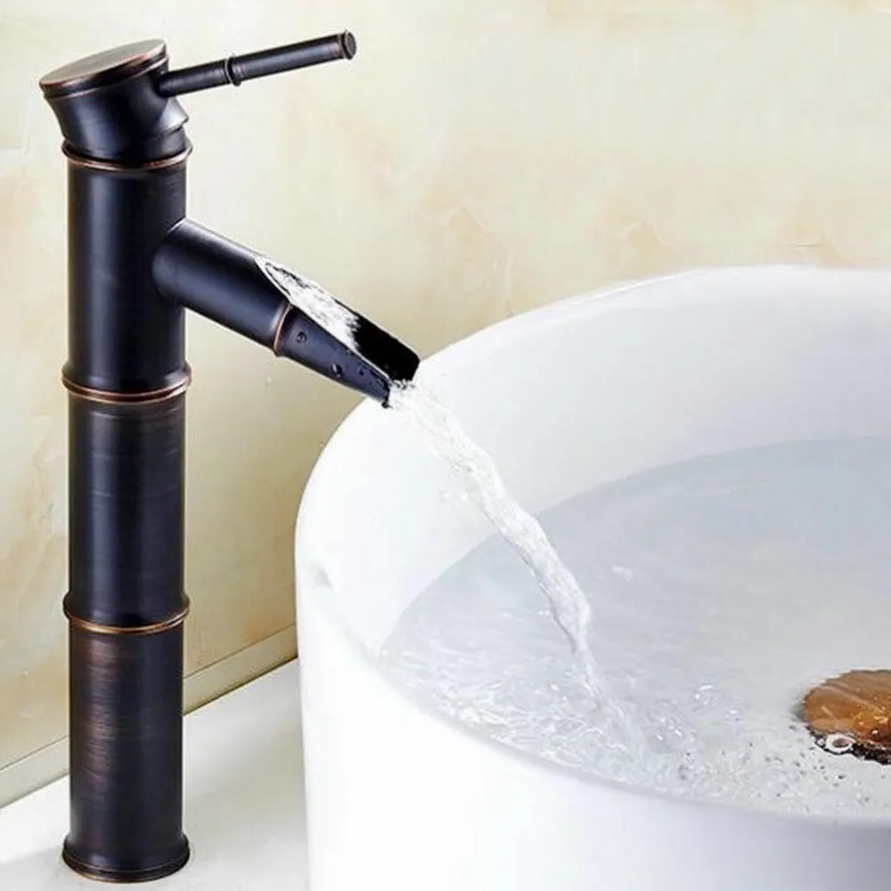 

Black Oil Rubbed Bronze Waterfall Bathroom Sink Faucet Vessel Tall Bamboo Water Tap Retro Single Hole Basin Faucets Lnf053