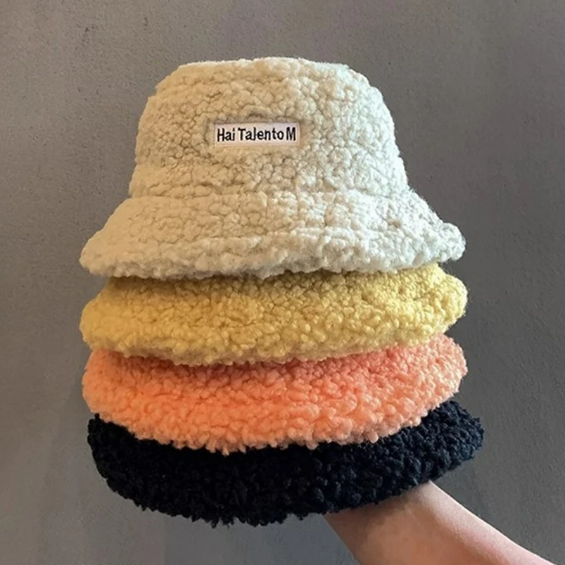 

Unisex Harajuku Bucket Hat Solid Color Men Fishing Fisherman Hat Autumn Winter Lamb Wool Outdoor Warm Panama Cap for Women