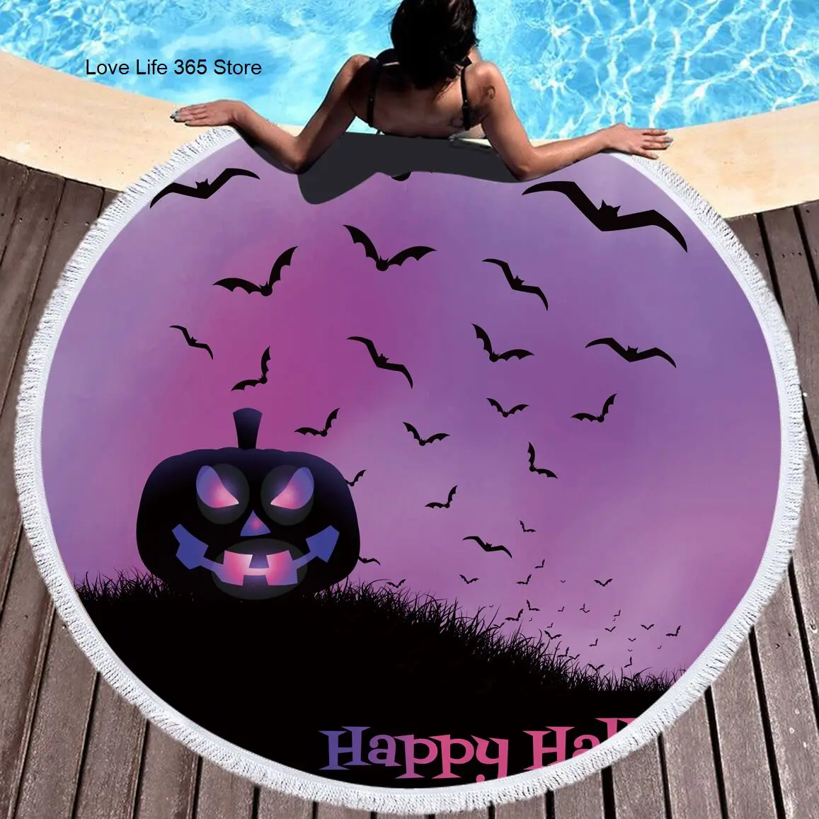 

Halloween Series Circular Beach Towel Pumpkin Printed Bath Towel Microfiber Tassel Soft Festival Gift For Camping Picnic Mat