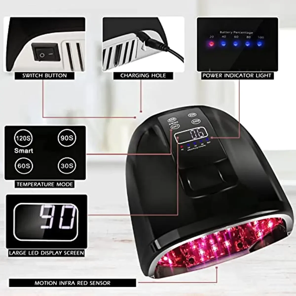 90W Rechargeable Nail Lamp with Mirror Bottom Cordless LED Light for Acrylic Nails Manicure Machine Wireless Nail UV LED Lamp 5