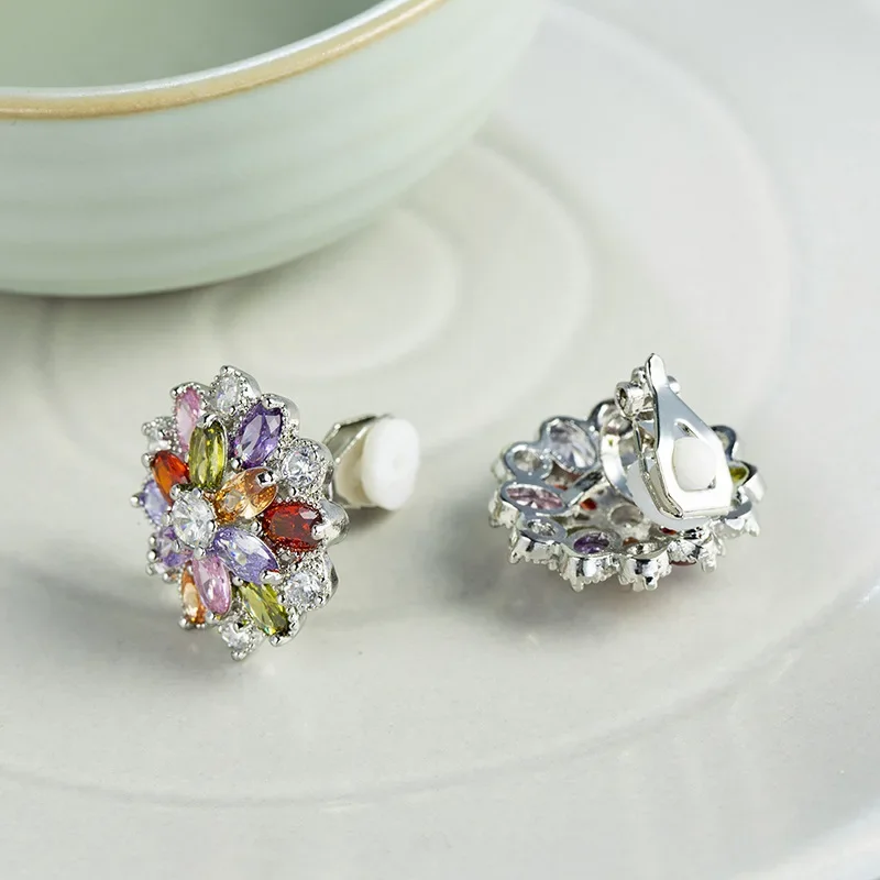 Ear Clip Earrings SODROV Rainbow Jewelry Colorful Crystal Zircon for Women Without Ear Hole