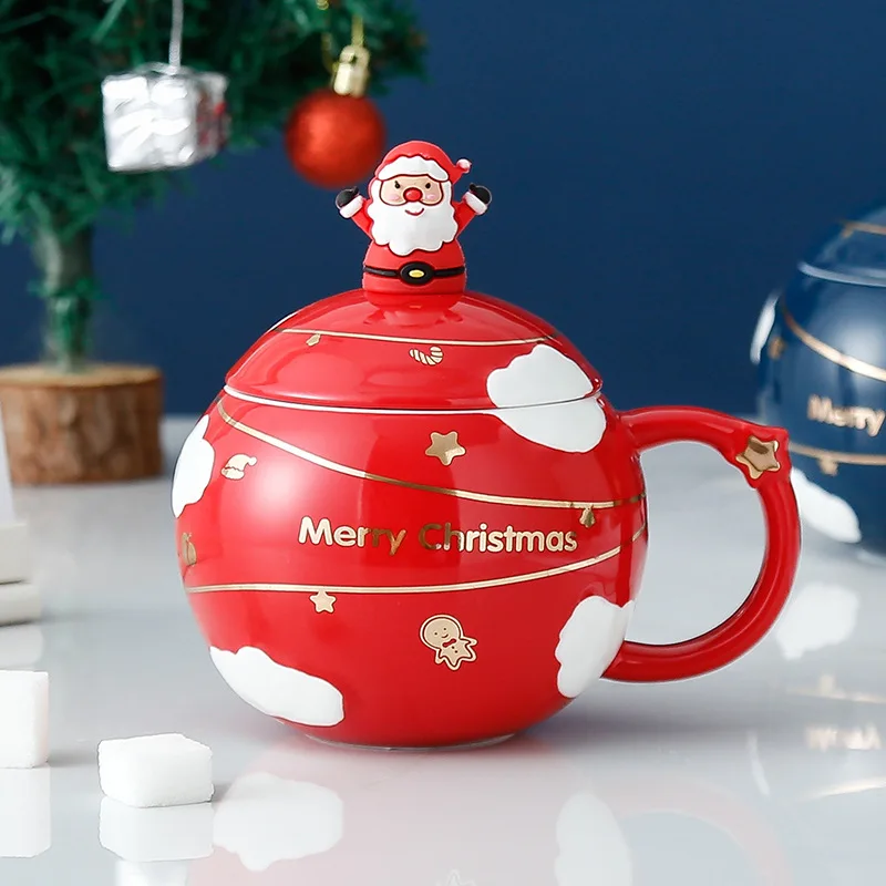 450ml 2022 Cute Christmas Coffee Mug With Spoon Ceramic Cute Globular Milk Coffee Cup Festival Gift Santa Claus Tea Cup Nordic