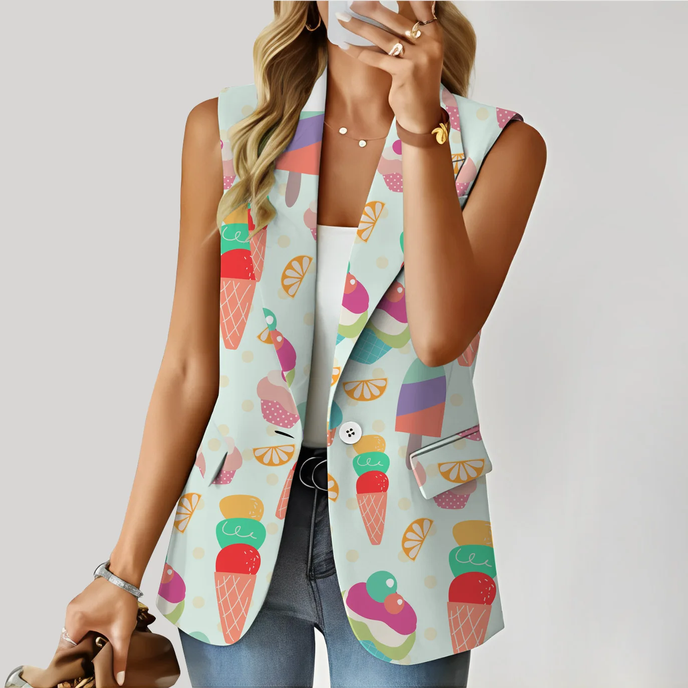 Women's Vest Jacket 2023 New Fashion Print Elements Single Button Sleeveless Blazer Vest Coat Korean Slim Femme Waistcoat Tops