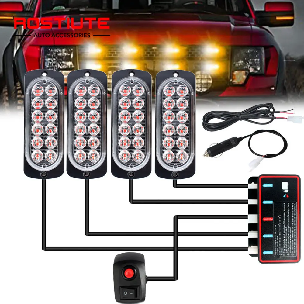 

4 In 1 Car Grill Led Strobe Light with Cigarette Warning Flashing Lamp 48 Led Car Emergency Beacon for Truck Trailer Automotive