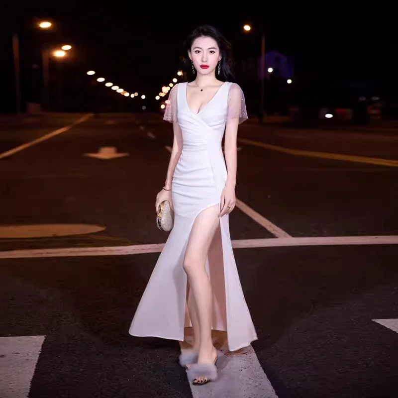 

High-end evening dress for women 2024 new style high-end sense of belly-covering light luxury split fishtail slim dress temperam