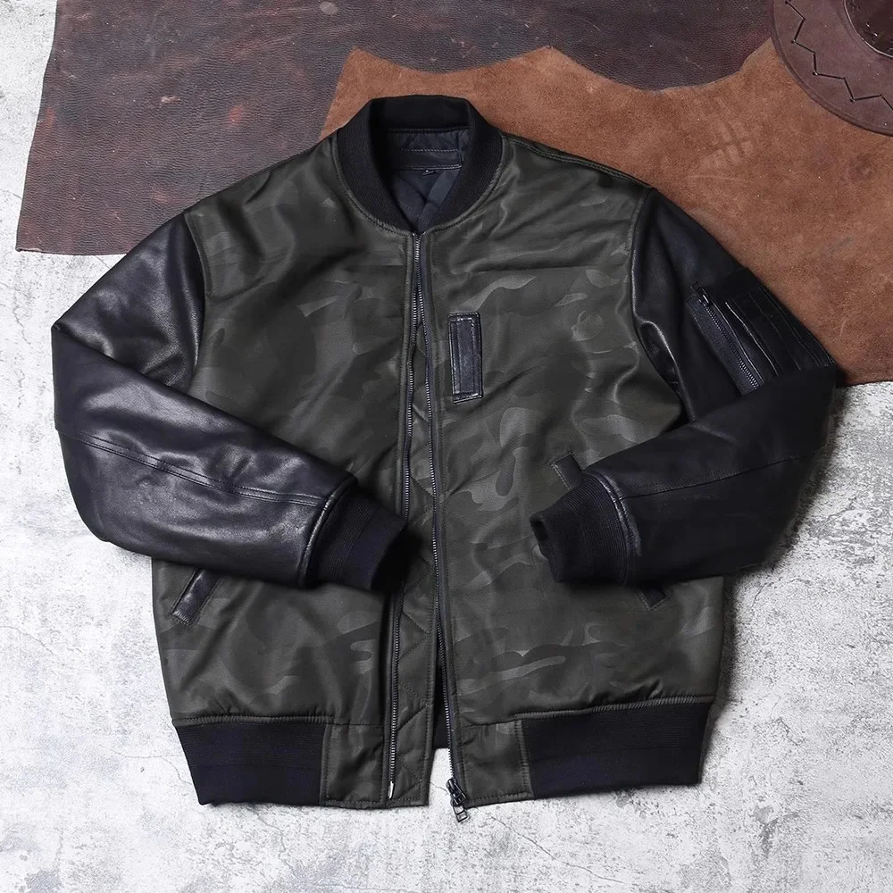 

YR!Free shipping.Classic MA-1 Bomber canvas jacket,Young winter warm flight coat,Sheepskin sleeve splicing cloth.camouflage