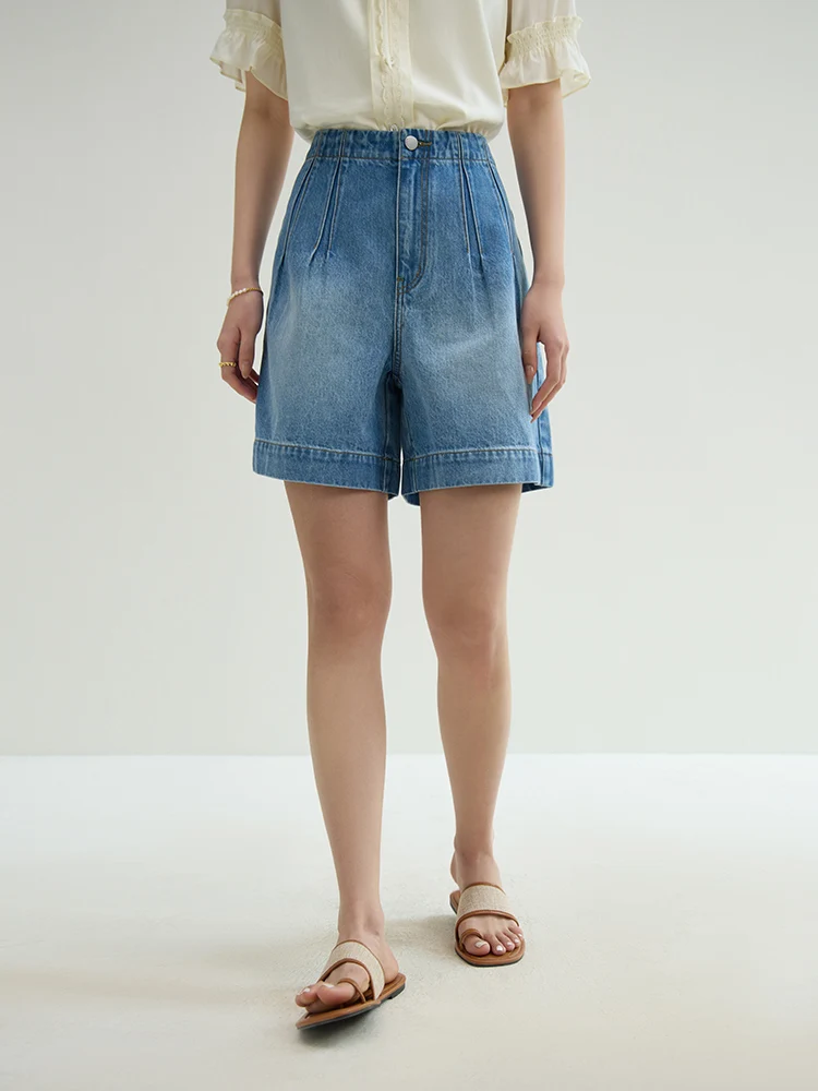 DUSHU Women's Casual High Waisted Denim Shorts Summer New Simple Atmospheric Slimming Blue Brown Women Shorts 24DS82251