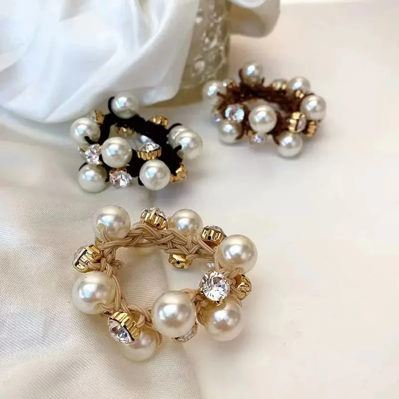 3pcs Pearl Water Diamond Exquisite Headwear Women's Ball Hair Rope Hair Loop Tie ponytail Headrope